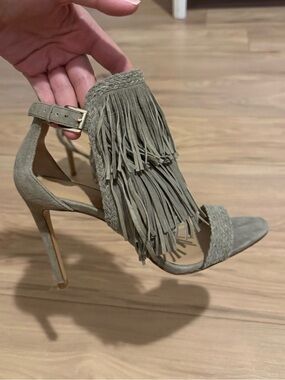 Banana Republic Taupe Suede Fringe High Heel Sandals
